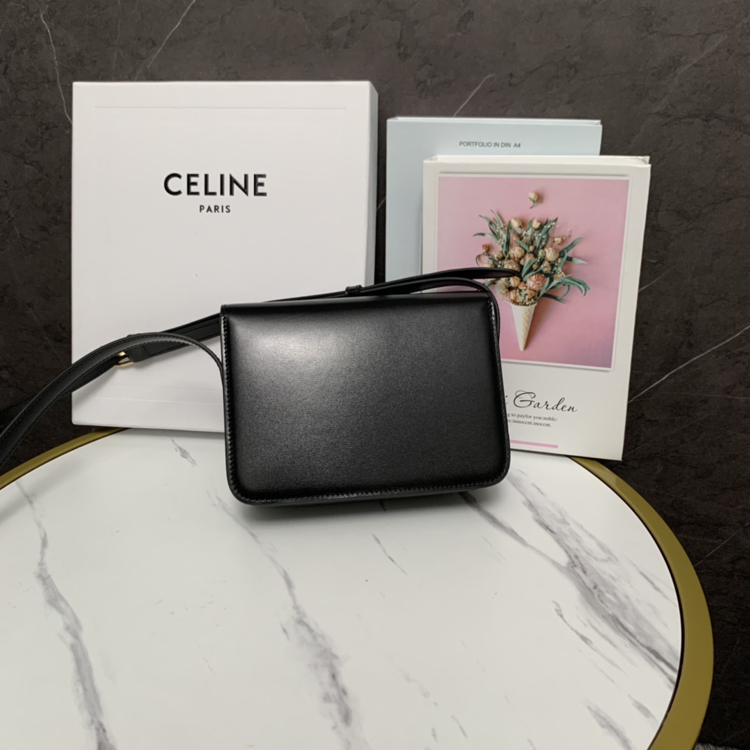 Celine Teen Bag Cuir Triomphe In Shiny Calfskin Black(18.5-14-8cm) - FashionPlug