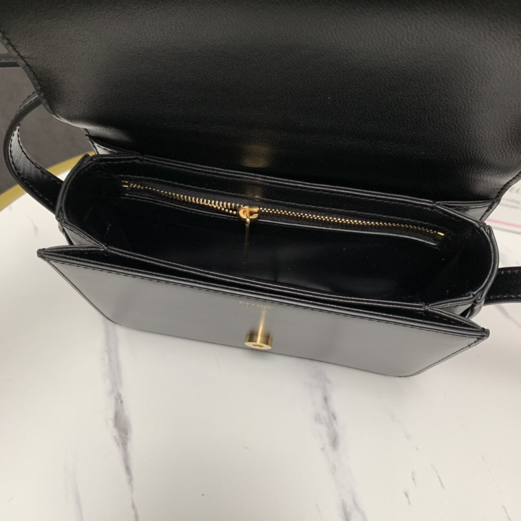 Celine Teen Bag Cuir Triomphe In Shiny Calfskin Black(18.5-14-8cm) - FashionPlug