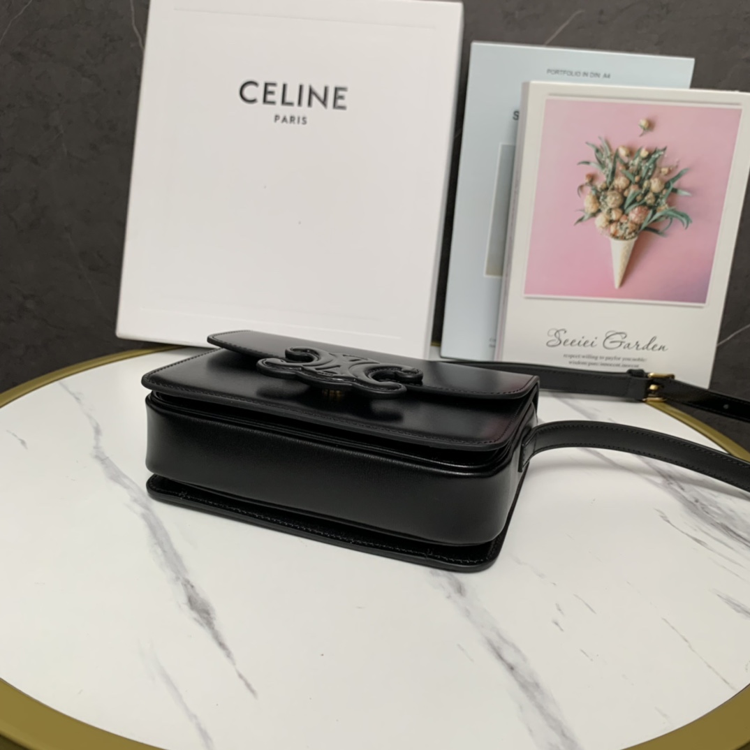 Celine Teen Bag Cuir Triomphe In Shiny Calfskin Black(18.5-14-8cm) - FashionPlug
