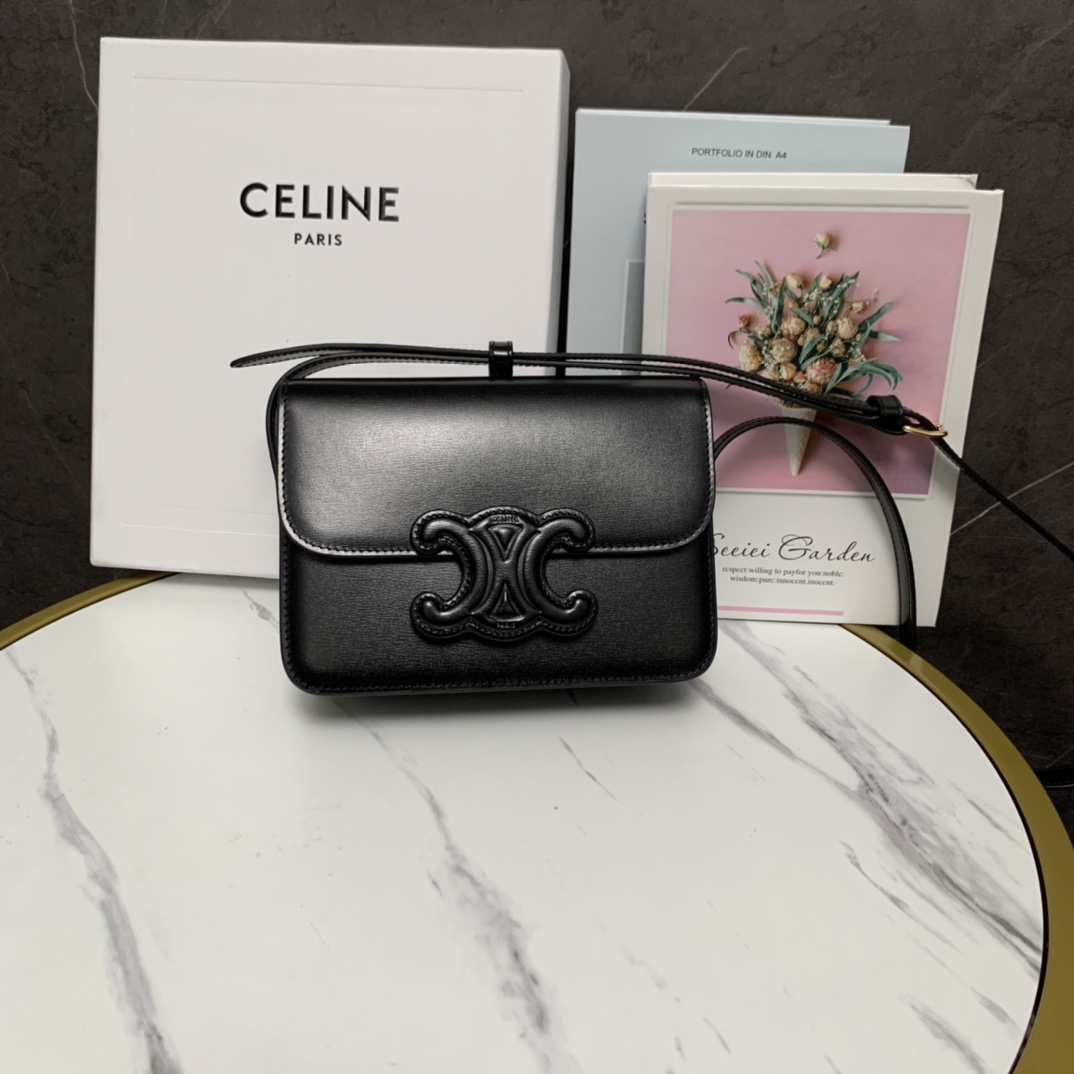 Celine Teen Bag Cuir Triomphe In Shiny Calfskin Black(18.5-14-8cm) - FashionPlug