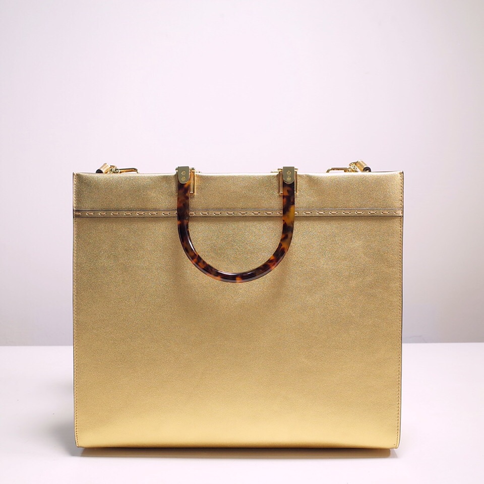 Fendi Sunshine Medium Shopper Bag In Gold Laminated Leather (35-31-17cm)  8BH386 - FashionPlug