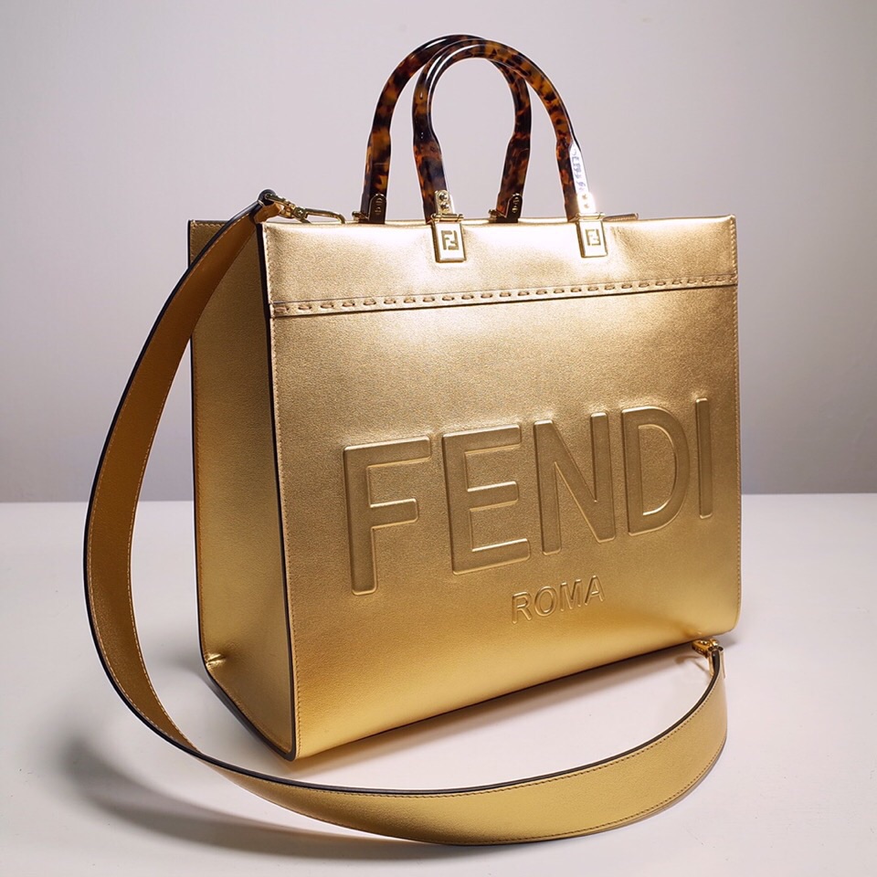 Fendi Sunshine Medium Shopper Bag In Gold Laminated Leather (35-31-17cm)  8BH386 - FashionPlug
