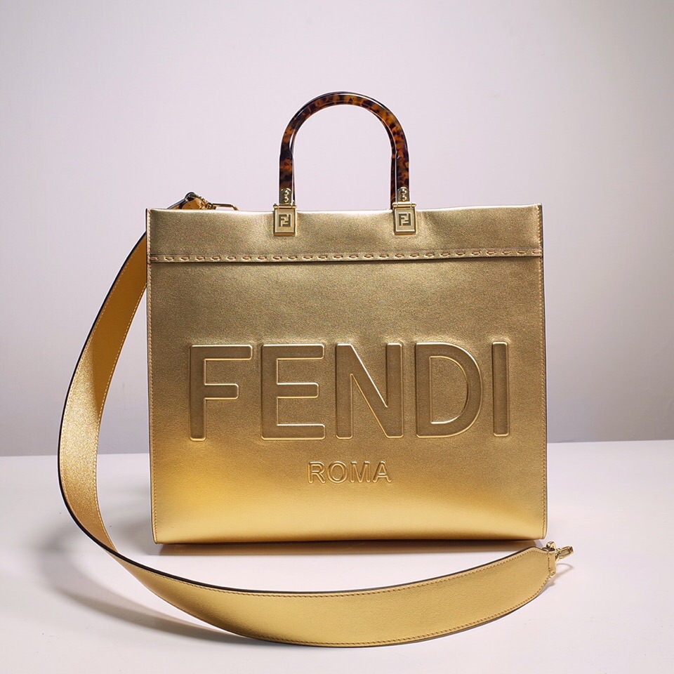 Fendi Sunshine Medium Shopper Bag In Gold Laminated Leather (35-31-17cm)  8BH386 - FashionPlug