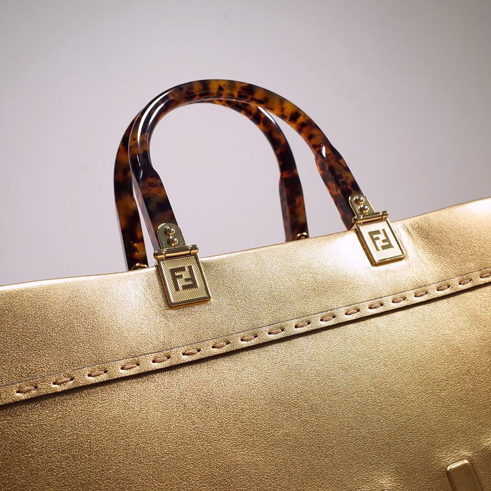 Fendi Sunshine Medium Shopper Bag In Gold Laminated Leather (35-31-17cm)  8BH386 - FashionPlug