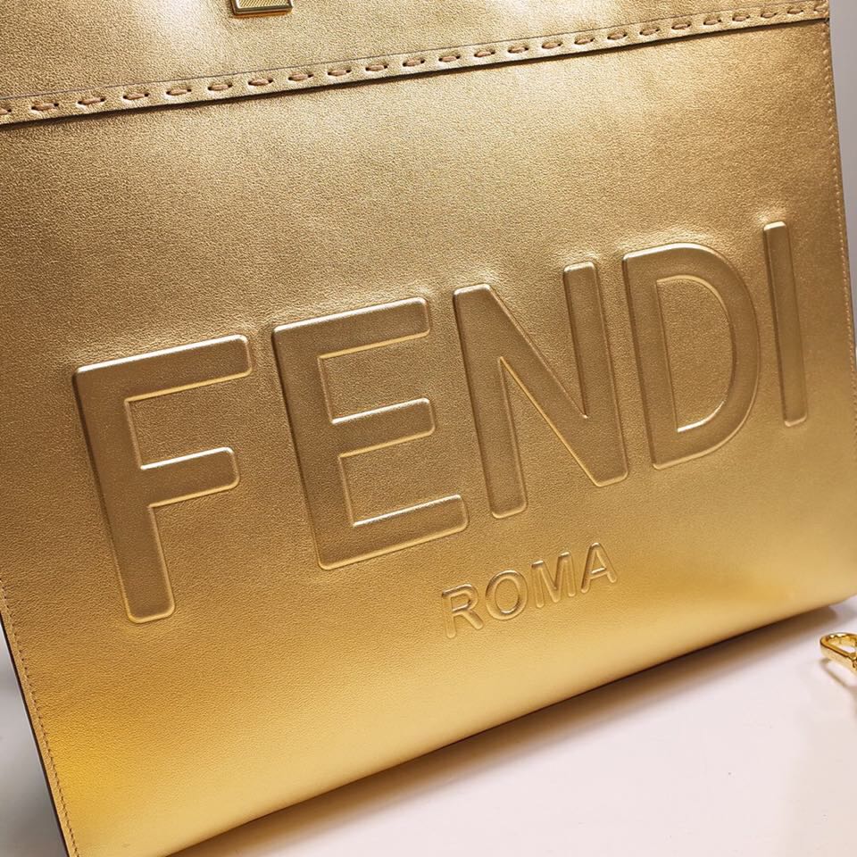 Fendi Sunshine Medium Shopper Bag In Gold Laminated Leather (35-31-17cm)  8BH386 - FashionPlug