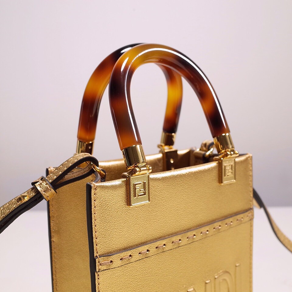 Fendi Mini Sunshine Shopper Bag In Gold Laminated Leather (13-18-6.5CM) - FashionPlug