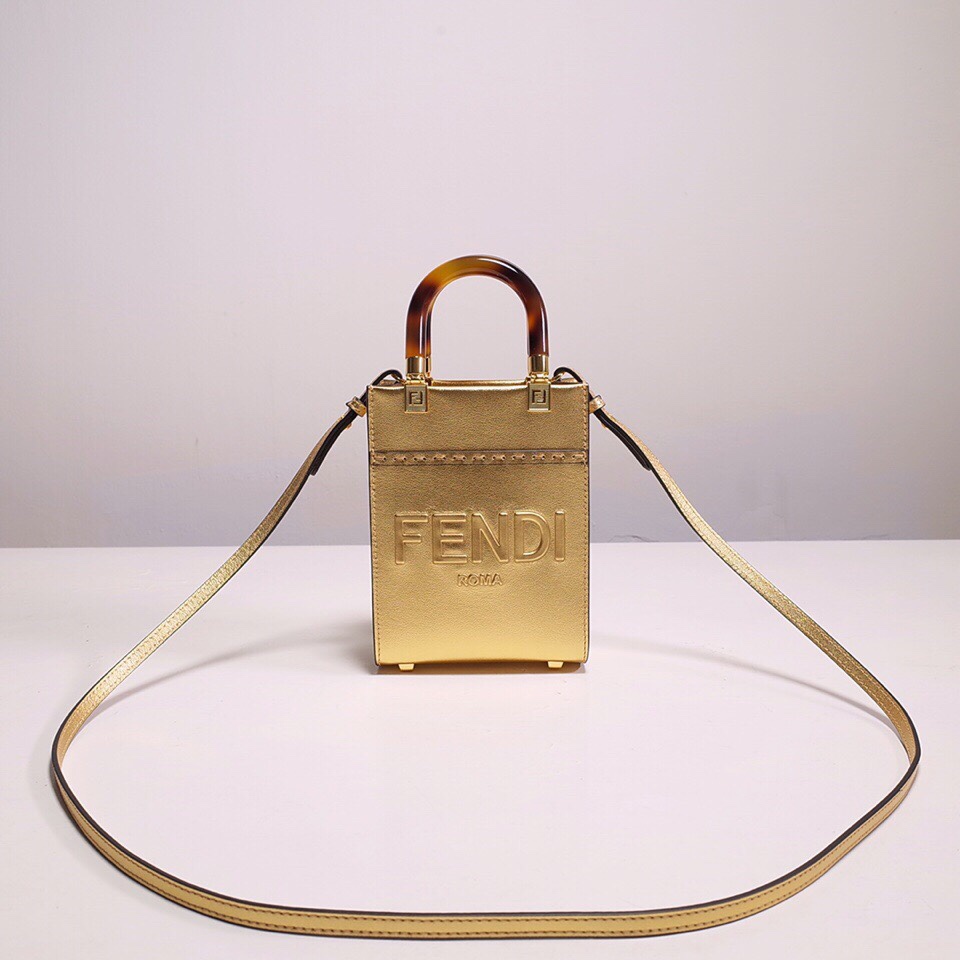 Fendi Mini Sunshine Shopper Bag In Gold Laminated Leather (13-18-6.5CM) - FashionPlug