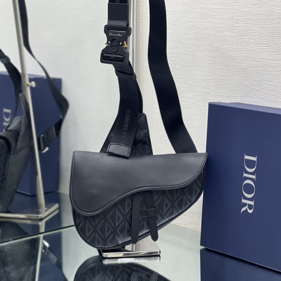 Dior Black CD Diamond Canvas And Smooth Calfskin Saddle Bag(26-19-4.5cm) 1ADPO093 - FashionPlug