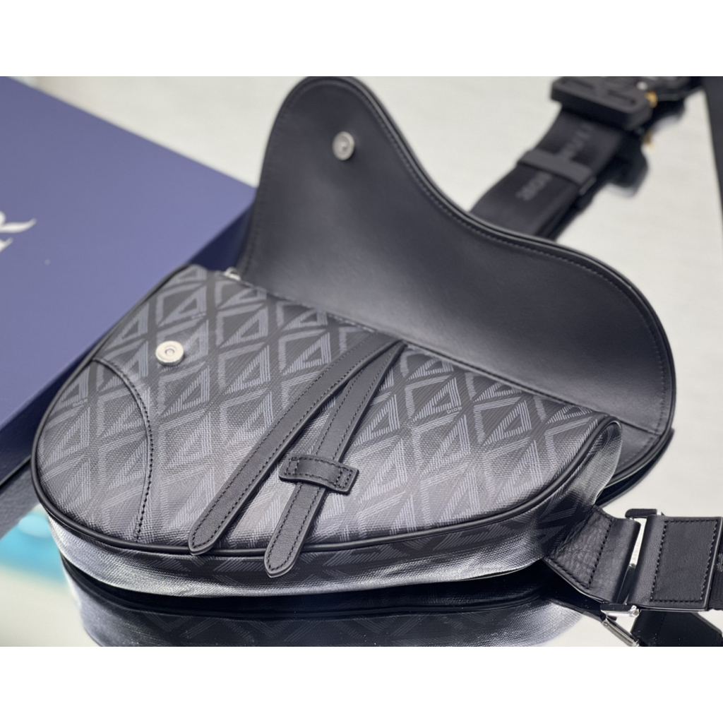 Dior Black CD Diamond Canvas And Smooth Calfskin Saddle Bag(26-19-4.5cm) 1ADPO093 - FashionPlug