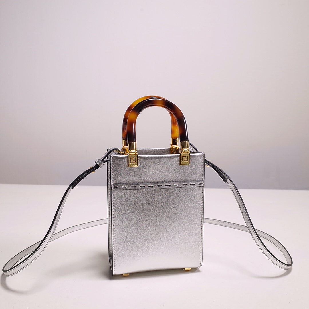 Fendi Mini Sunshine Shopper Bag In Silver Laminated Leather (13-18-6.5CM) - FashionPlug