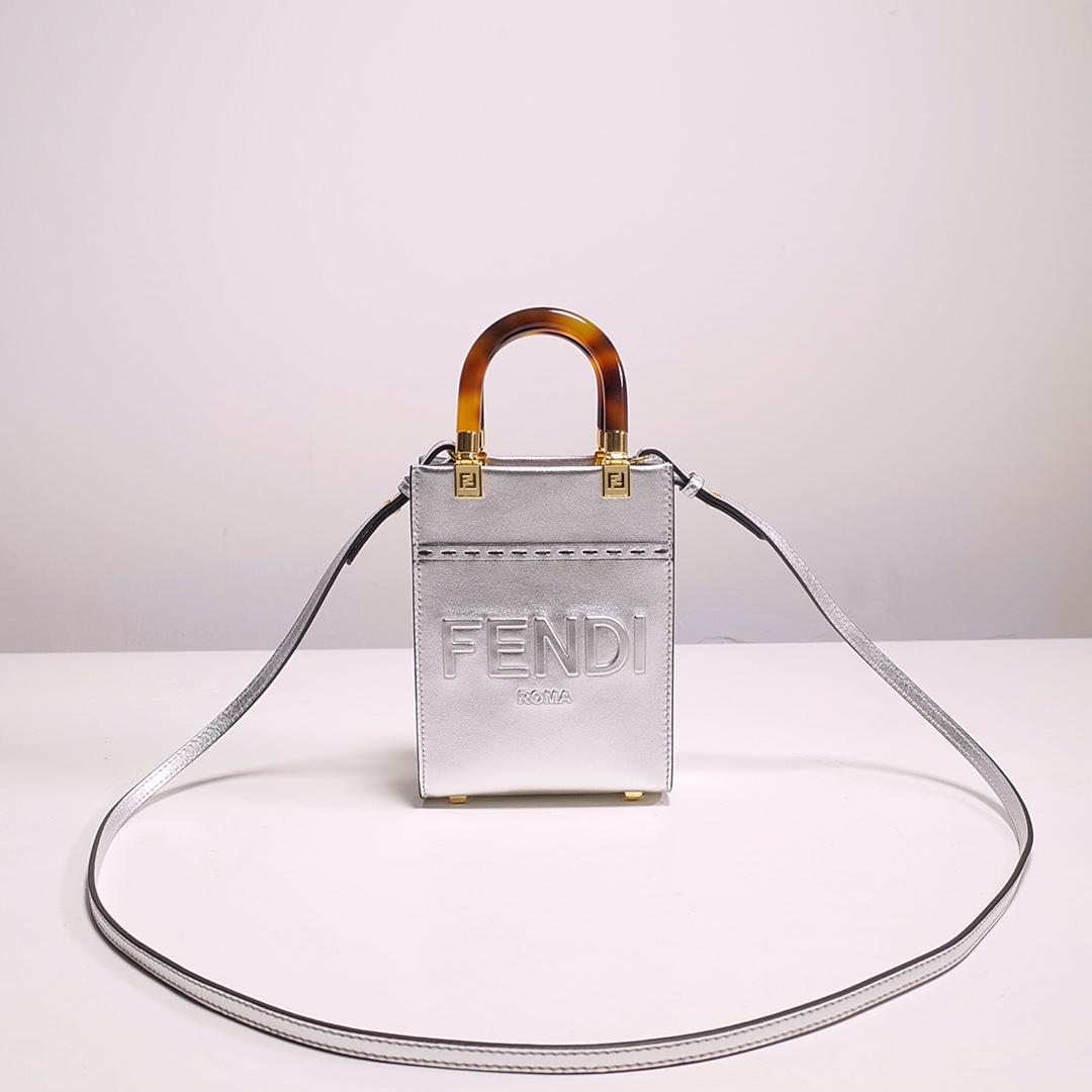 Fendi Mini Sunshine Shopper Bag In Silver Laminated Leather (13-18-6.5CM) - FashionPlug