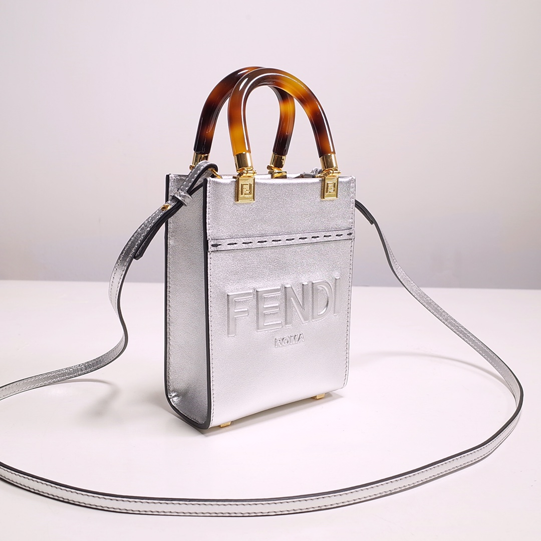 Fendi Mini Sunshine Shopper Bag In Silver Laminated Leather (13-18-6.5CM) - FashionPlug
