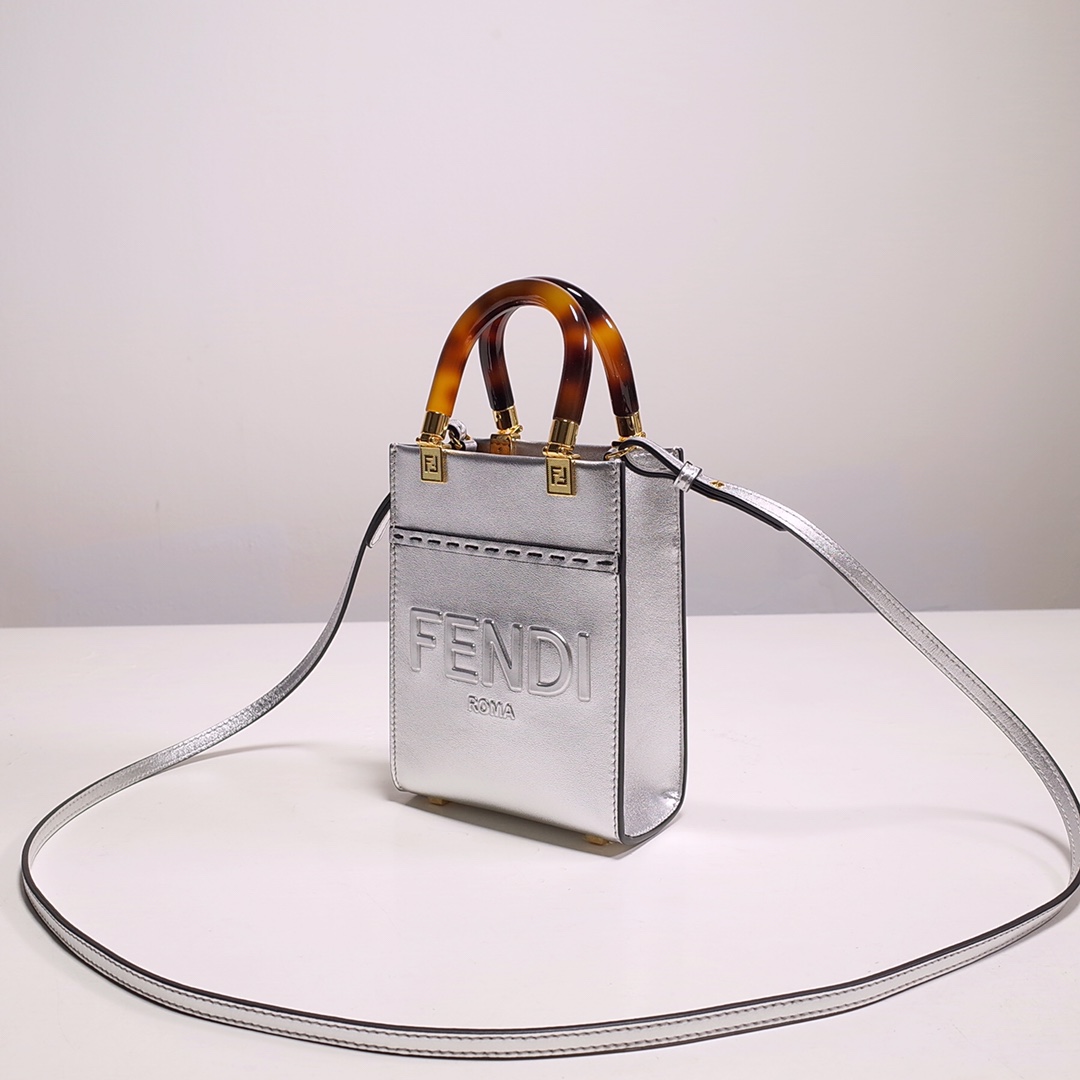 Fendi Mini Sunshine Shopper Bag In Silver Laminated Leather (13-18-6.5CM) - FashionPlug