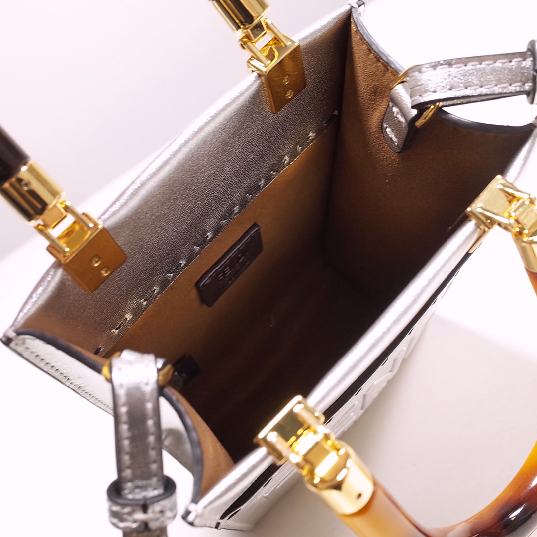 Fendi Mini Sunshine Shopper Bag In Silver Laminated Leather (13-18-6.5CM) - FashionPlug