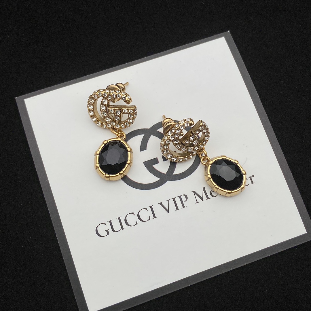 Gucci  Double G Earrings With Black Crystals - FashionPlug