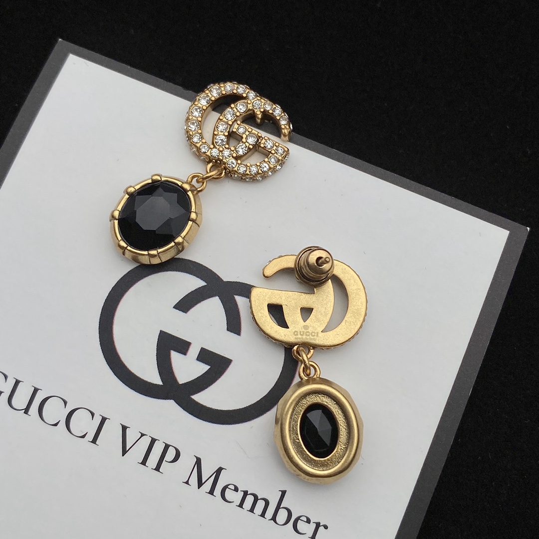 Gucci  Double G Earrings With Black Crystals - FashionPlug