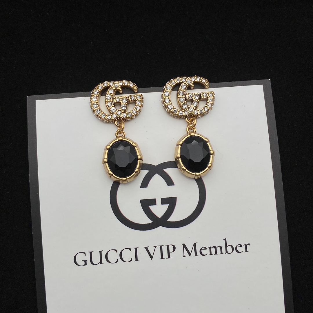 Gucci  Double G Earrings With Black Crystals - FashionPlug
