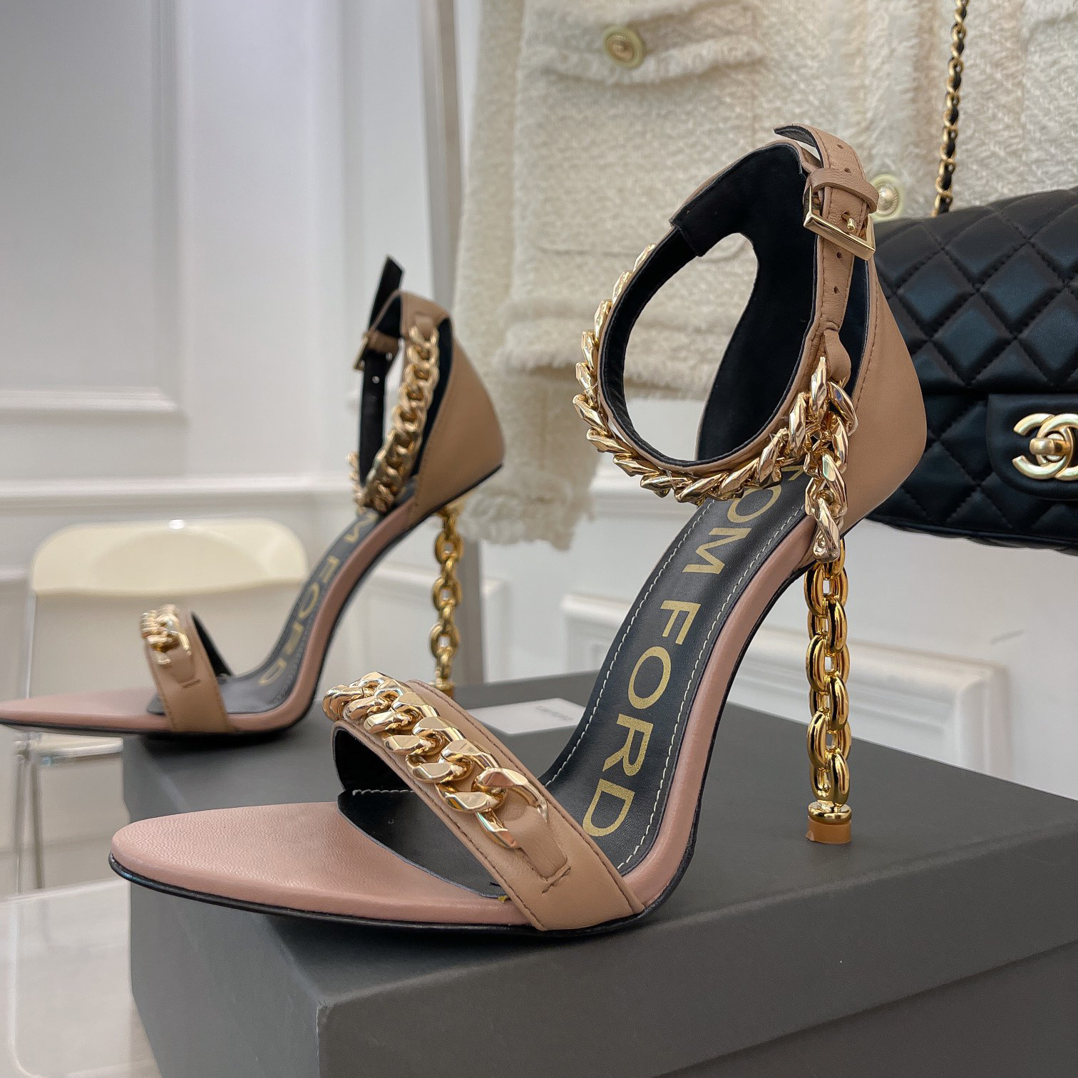 Tom Ford Chain-Trimmed Leather Sandals With Heel Height Of 10.5cm - FashionPlug