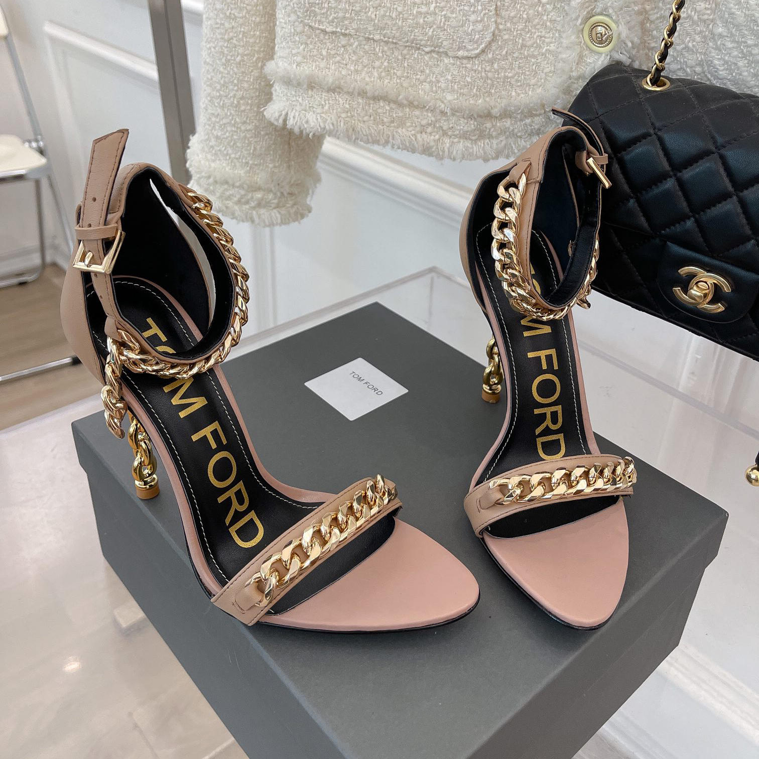 Tom Ford Chain-Trimmed Leather Sandals With Heel Height Of 10.5cm - FashionPlug
