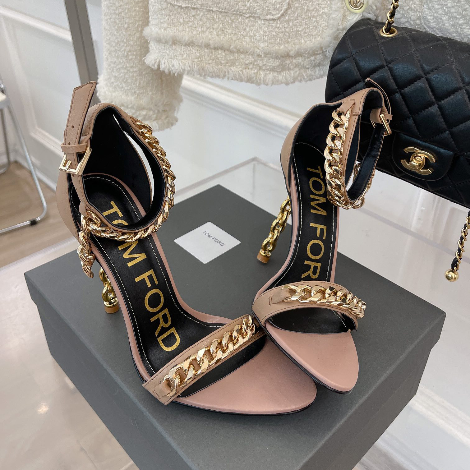 Tom Ford Chain-Trimmed Leather Sandals With Heel Height Of 10.5cm - FashionPlug