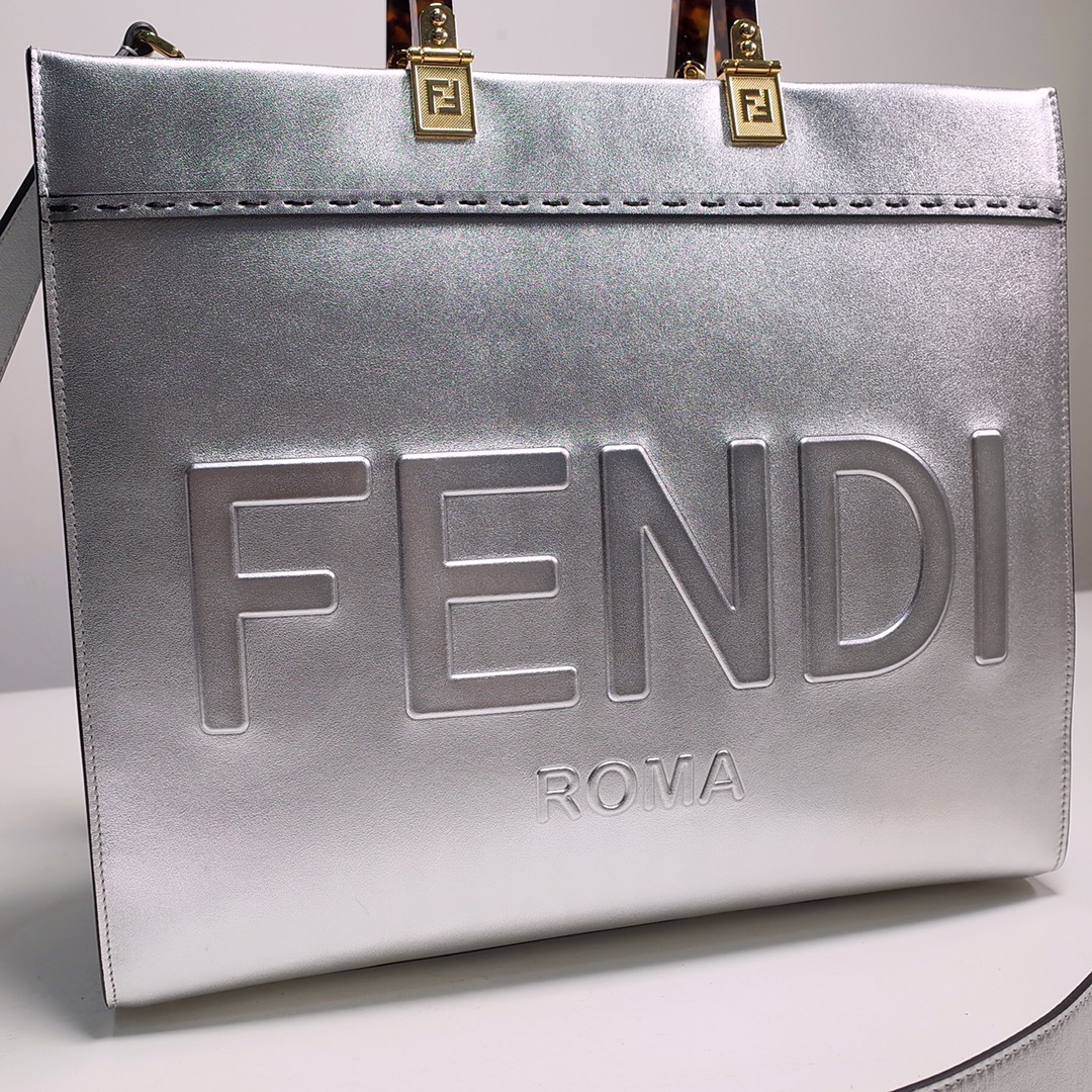 Fendi Sunshine Medium Shopper Bag In Silver Laminated Leather (35-31-17cm)  8BH386 - FashionPlug