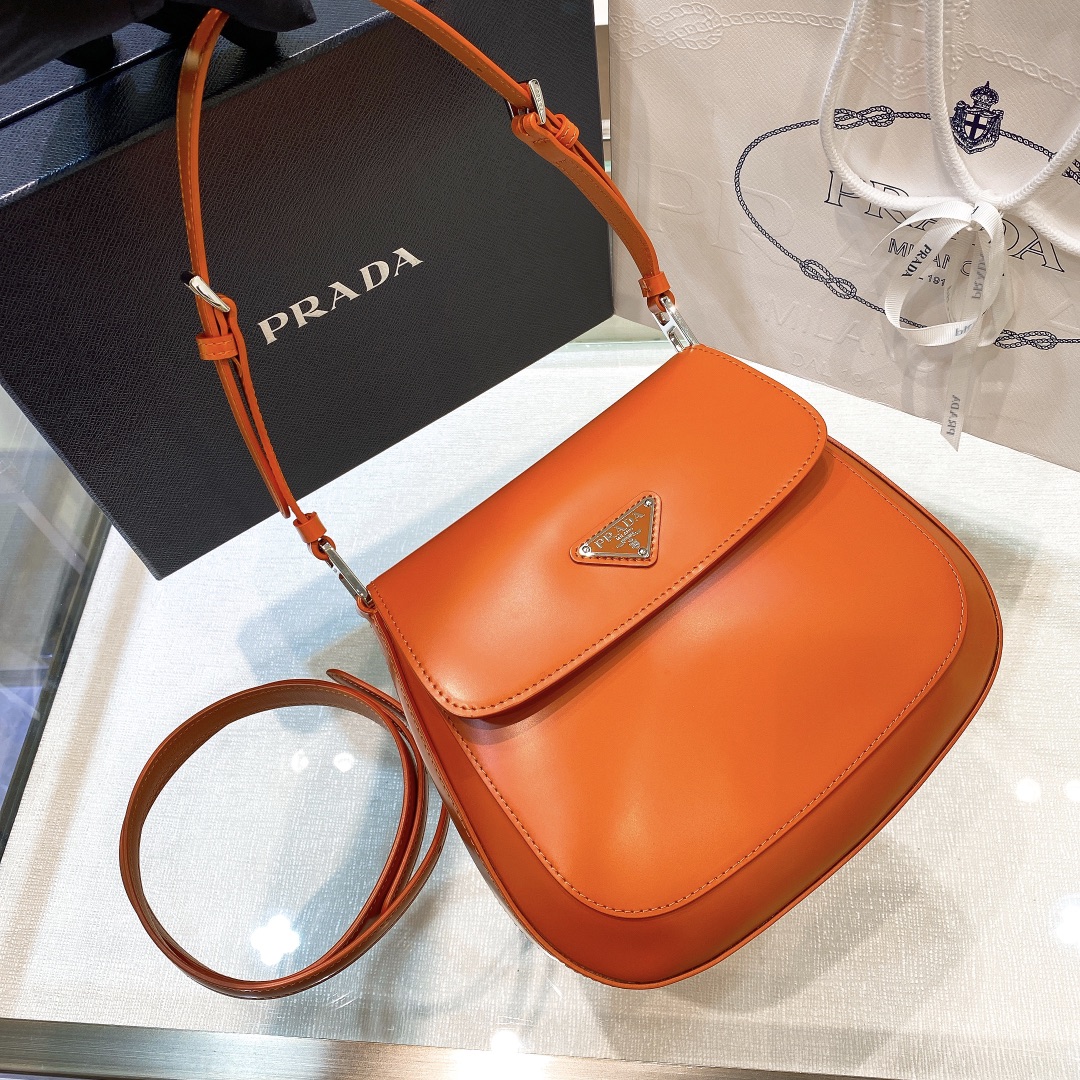 Prada Cleo Brushed Leather Shoulder Bag In Orange(24-19-6cm)   1BD303 - FashionPlug