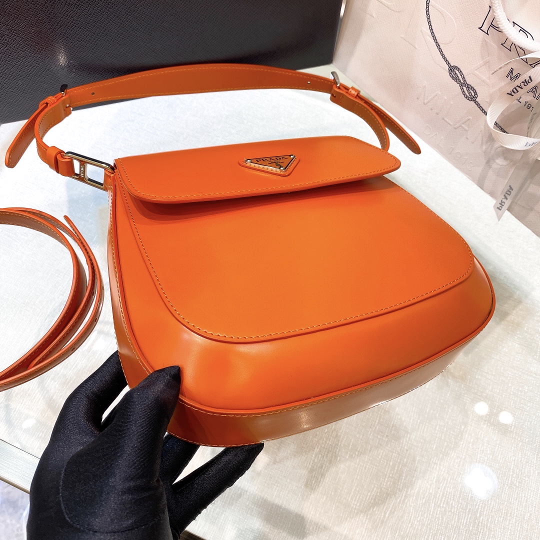Prada Cleo Brushed Leather Shoulder Bag In Orange(24-19-6cm)   1BD303 - FashionPlug