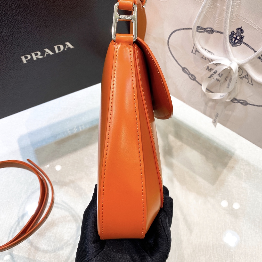 Prada Cleo Brushed Leather Shoulder Bag In Orange(24-19-6cm)   1BD303 - FashionPlug