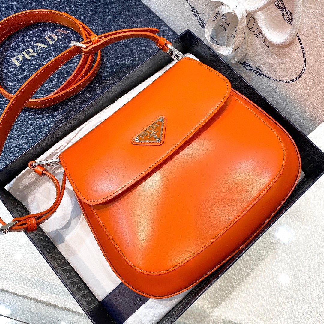 Prada Cleo Brushed Leather Shoulder Bag In Orange(24-19-6cm)   1BD303 - FashionPlug
