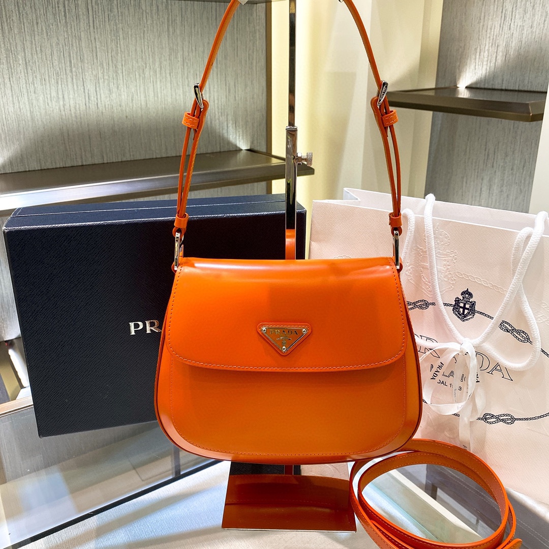 Prada Cleo Brushed Leather Shoulder Bag In Orange(24-19-6cm)   1BD303 - FashionPlug