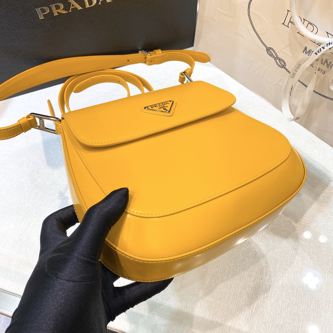 Prada Cleo Brushed Leather Shoulder Bag In Yellow(24-19-6cm)   1BD303 - FashionPlug