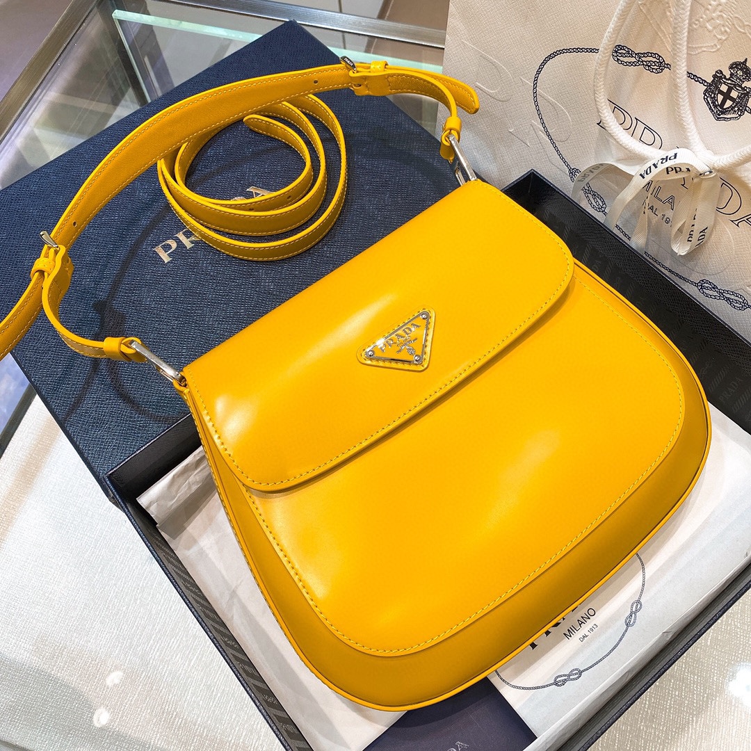Prada Cleo Brushed Leather Shoulder Bag In Yellow(24-19-6cm)   1BD303 - FashionPlug