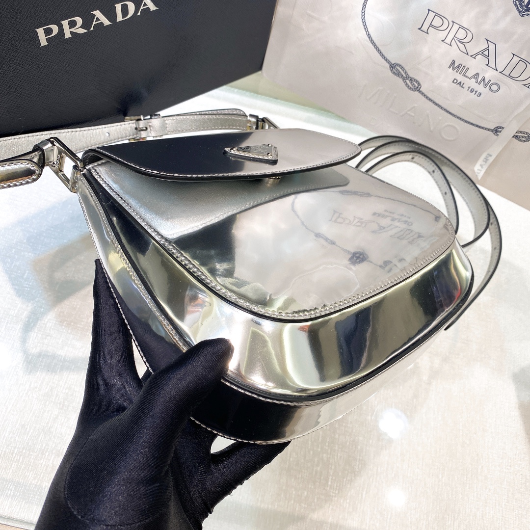 Prada Cleo Brushed Leather Shoulder Bag In Silver(24-19-6cm)   1BD303 - FashionPlug