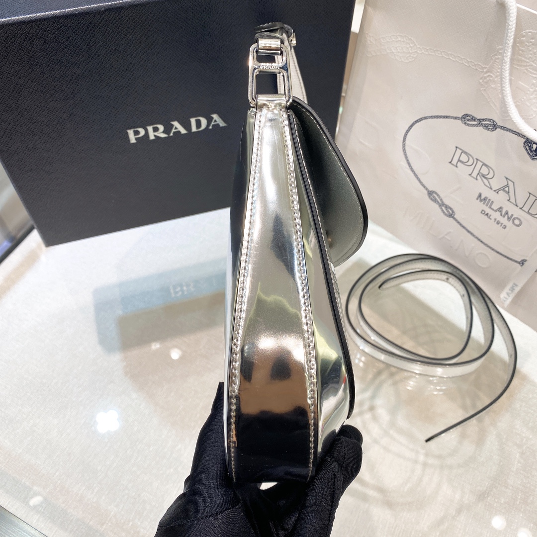 Prada Cleo Brushed Leather Shoulder Bag In Silver(24-19-6cm)   1BD303 - FashionPlug
