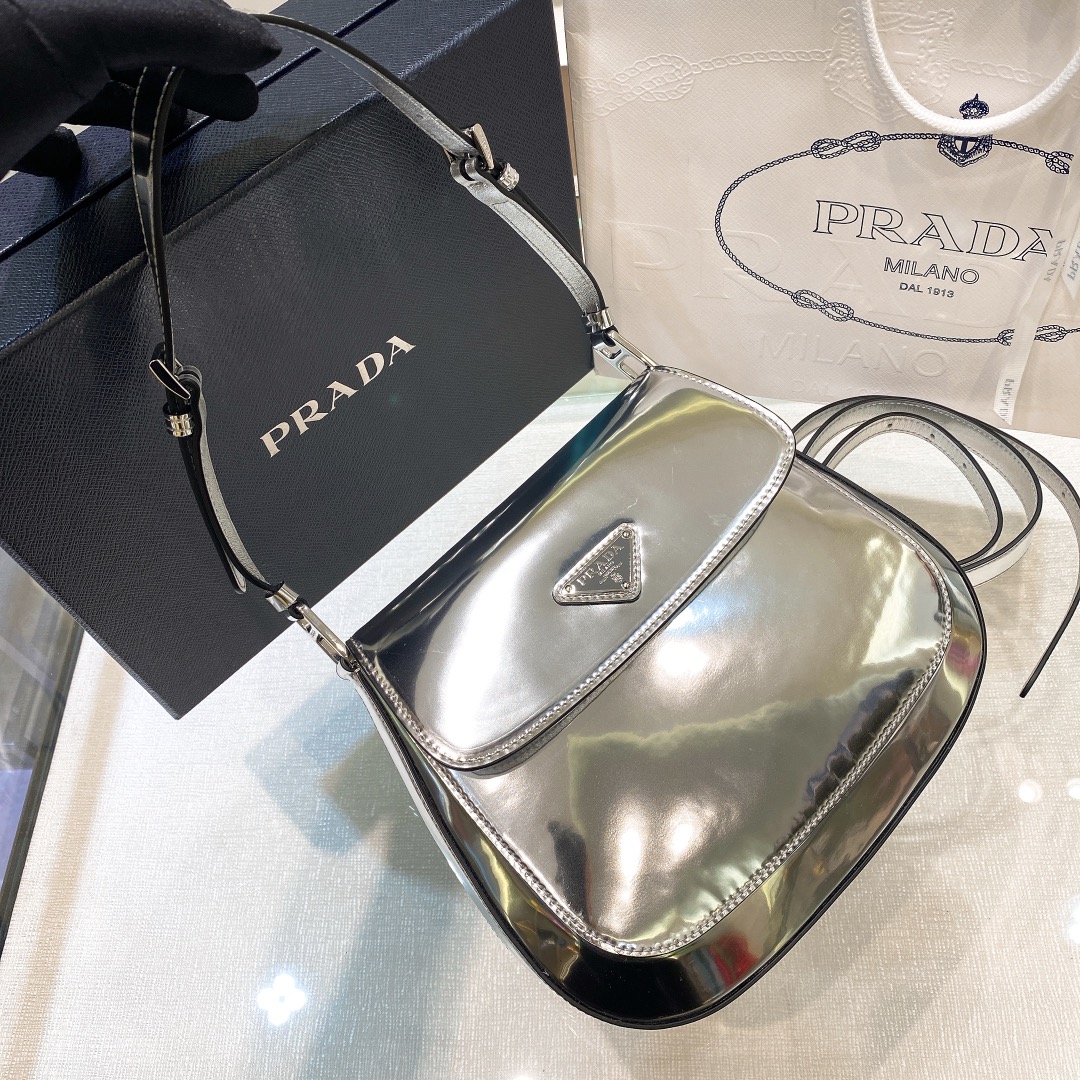 Prada Cleo Brushed Leather Shoulder Bag In Silver(24-19-6cm)   1BD303 - FashionPlug