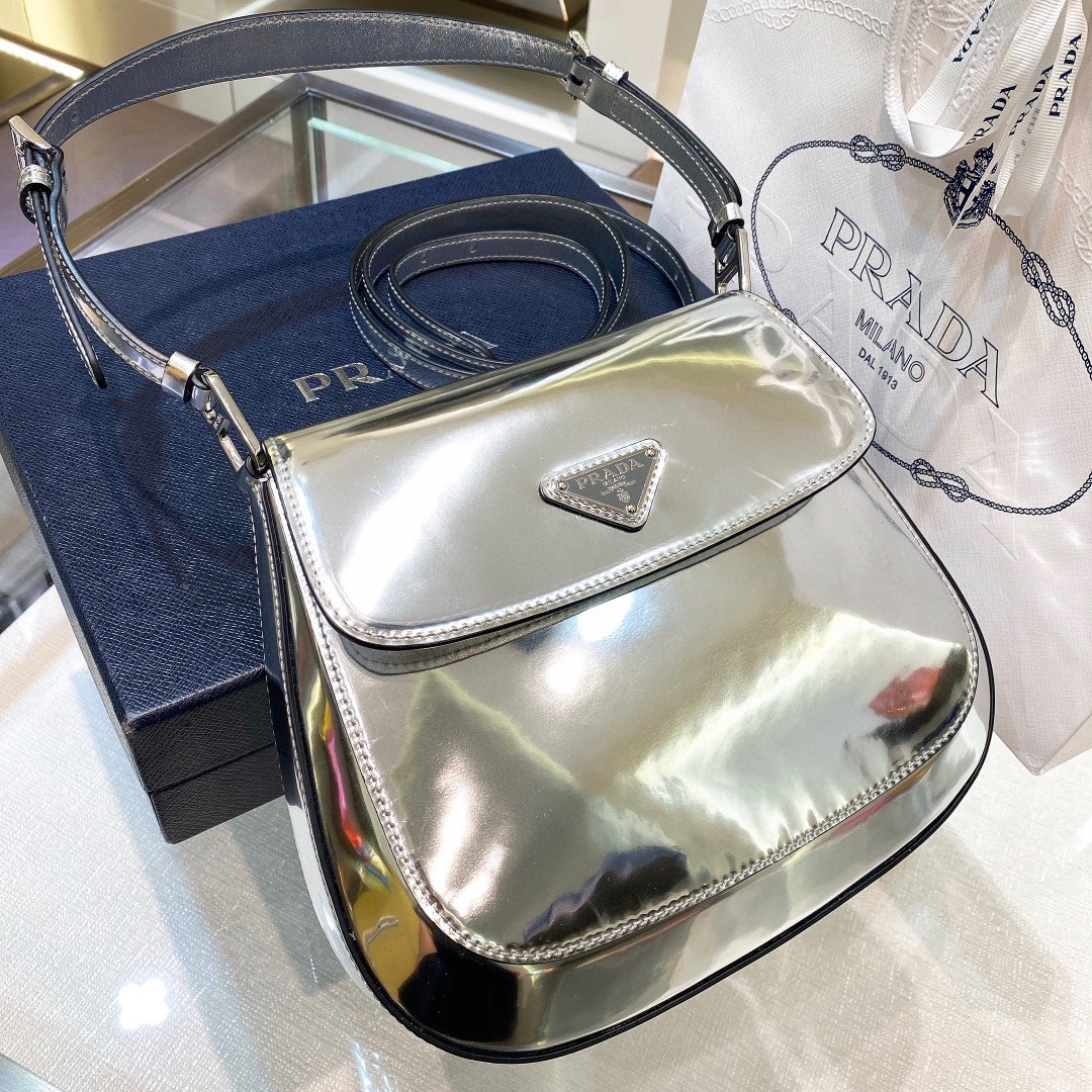 Prada Cleo Brushed Leather Shoulder Bag In Silver(24-19-6cm)   1BD303 - FashionPlug