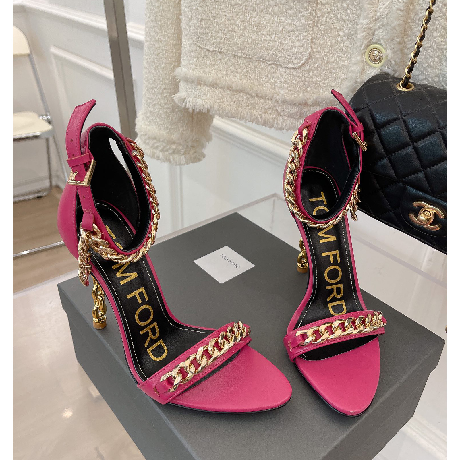 Tom Ford Chain-Trimmed Leather Sandals With Heel Height Of 10.5cm - FashionPlug