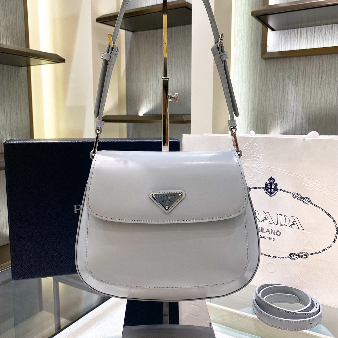 Prada Cleo Brushed Leather Shoulder Bag In Grey(24-19-6cm)   1BD303 - FashionPlug