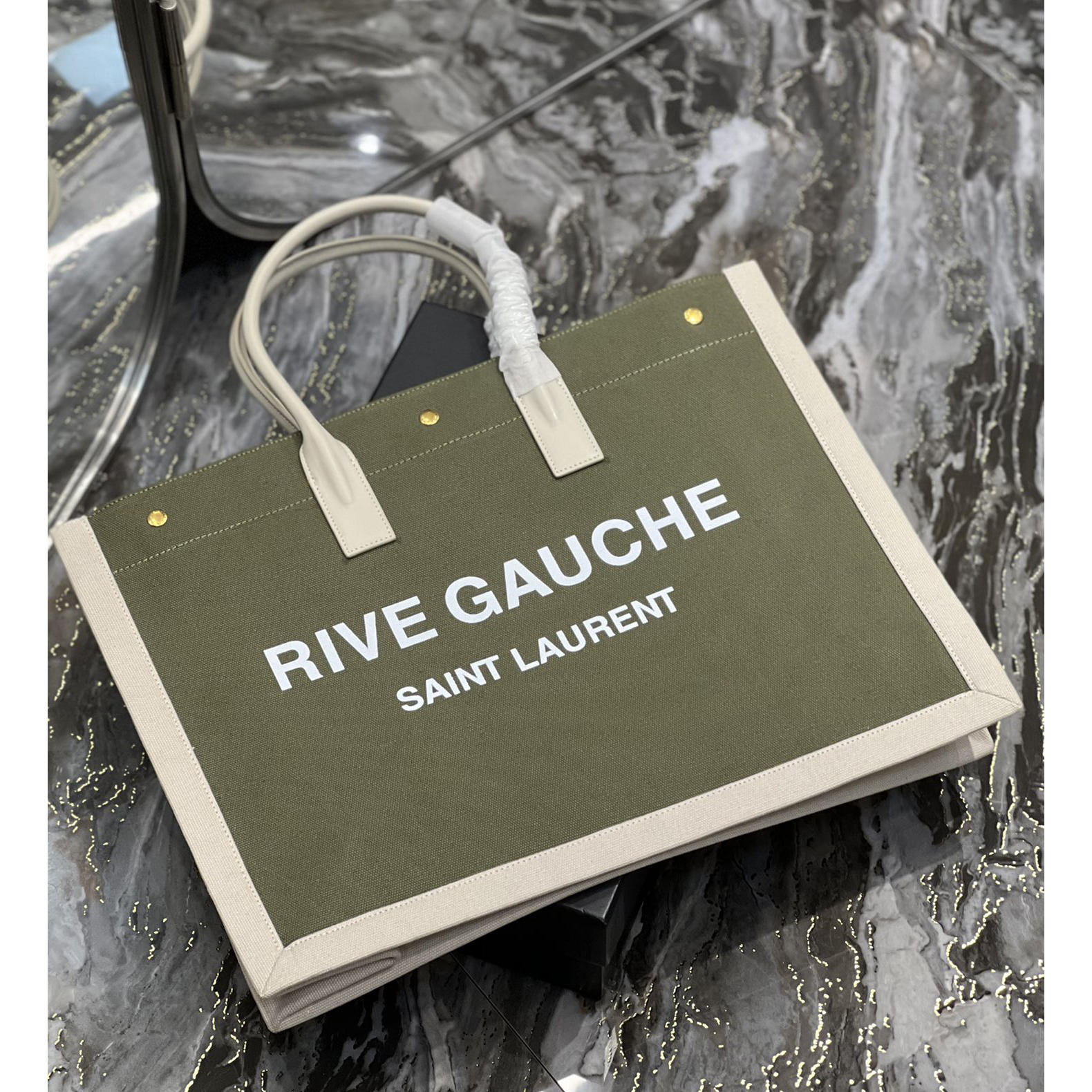 Saint Laurent Rive Gquche Tote Bag In Linen And Smooth Leather(48-36-16cm) - FashionPlug