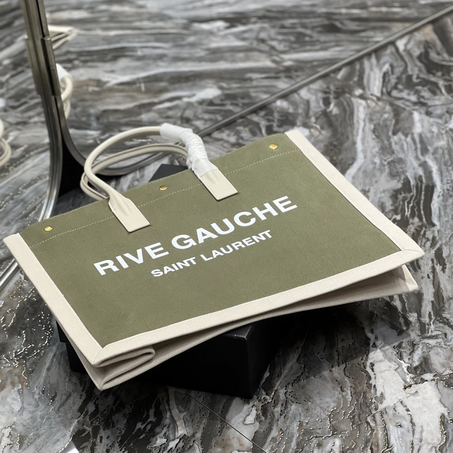 Saint Laurent Rive Gquche Tote Bag In Linen And Smooth Leather(48-36-16cm) - FashionPlug