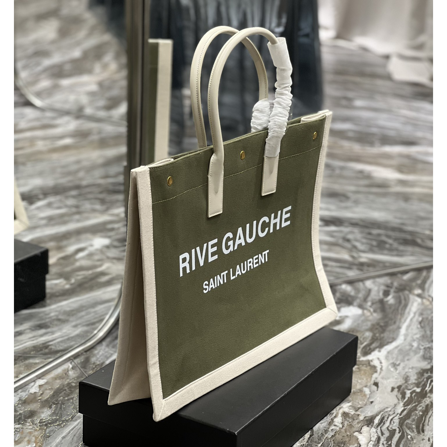Saint Laurent Rive Gquche Tote Bag In Linen And Smooth Leather(48-36-16cm) - FashionPlug