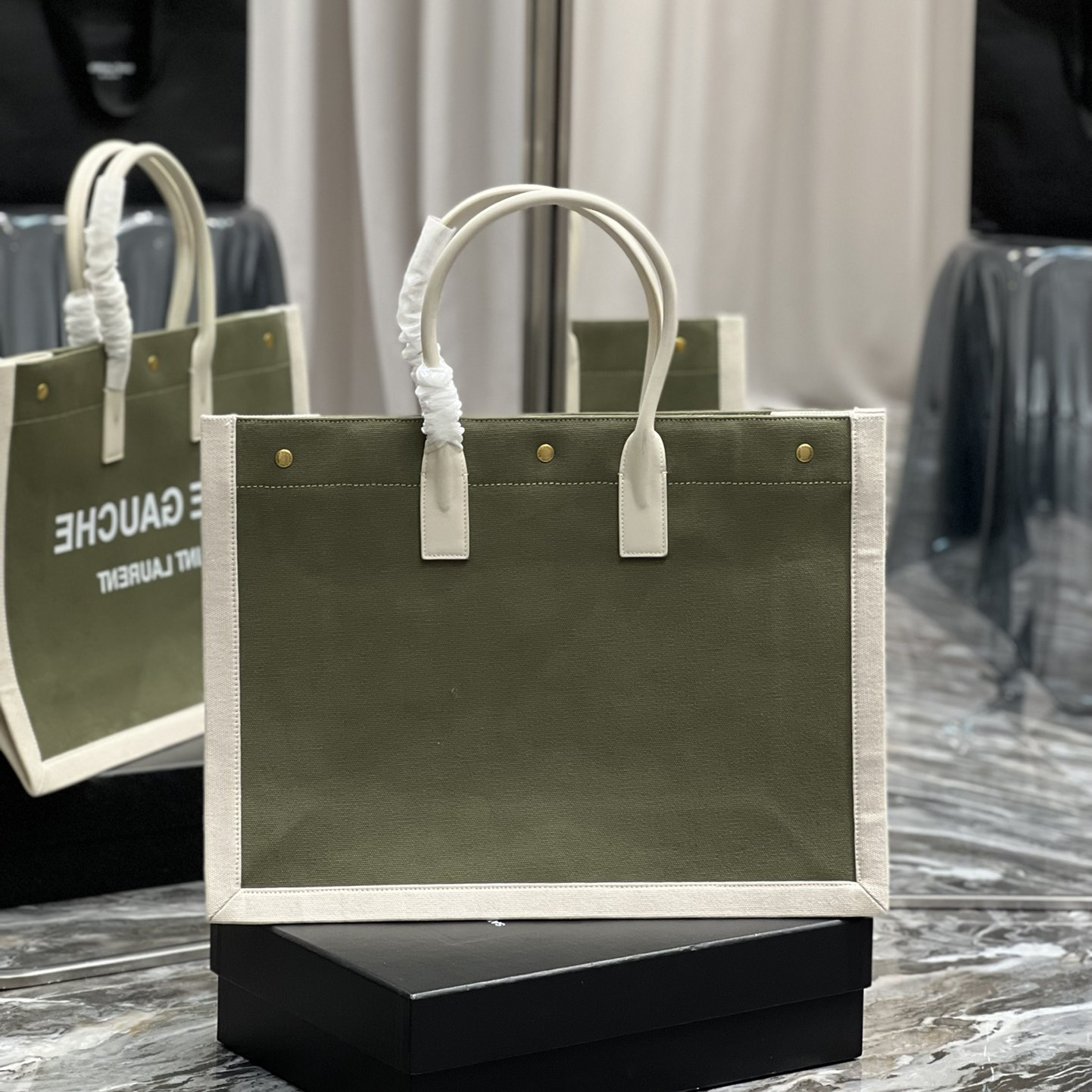Saint Laurent Rive Gquche Tote Bag In Linen And Smooth Leather(48-36-16cm) - FashionPlug
