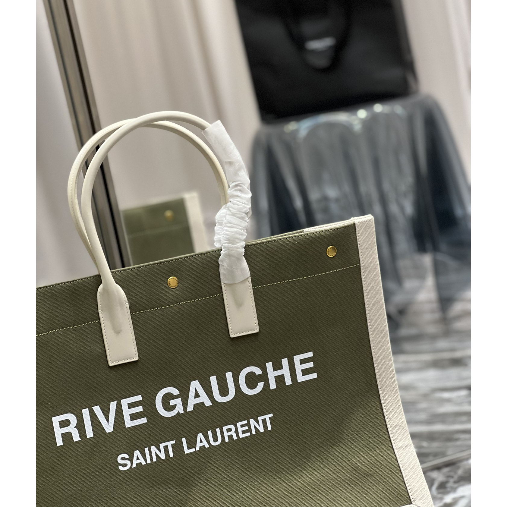 Saint Laurent Rive Gquche Tote Bag In Linen And Smooth Leather(48-36-16cm) - FashionPlug