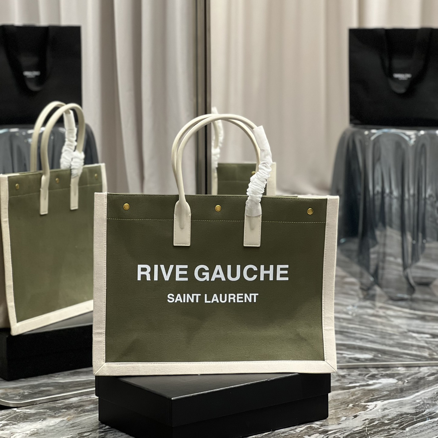 Saint Laurent Rive Gquche Tote Bag In Linen And Smooth Leather(48-36-16cm) - FashionPlug