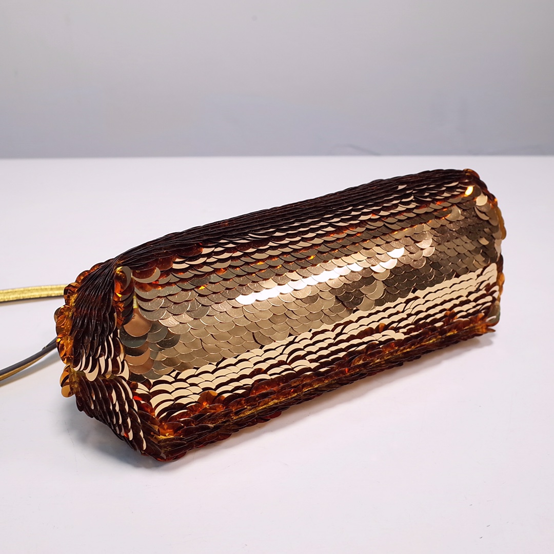 Fendi Gold-Coloured Leather And Sequinned Bag   (26-18-9.5cm)   8BP129  - FashionPlug