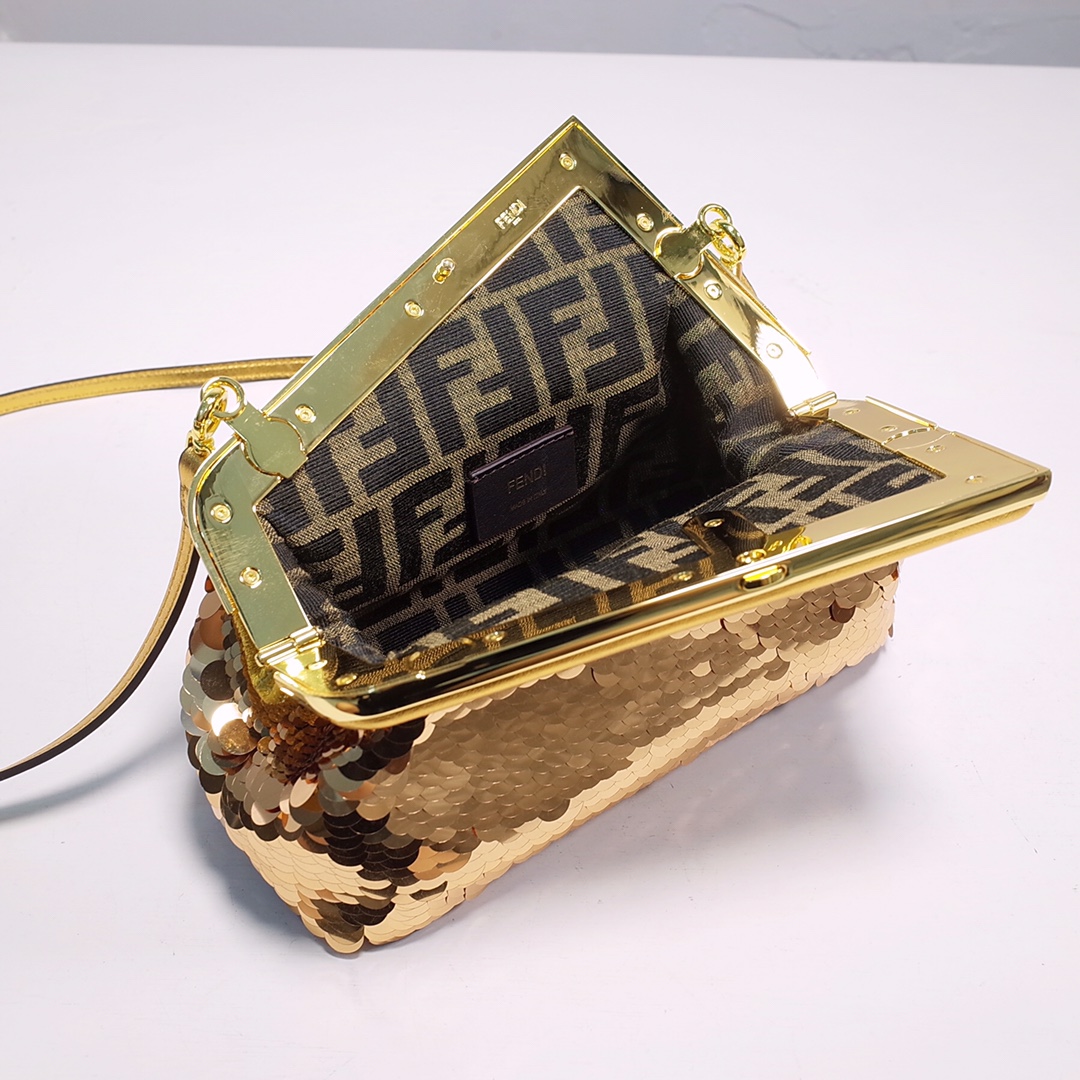 Fendi Gold-Coloured Leather And Sequinned Bag   (26-18-9.5cm)   8BP129  - FashionPlug