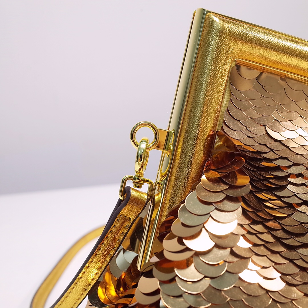 Fendi Gold-Coloured Leather And Sequinned Bag   (26-18-9.5cm)   8BP129  - FashionPlug