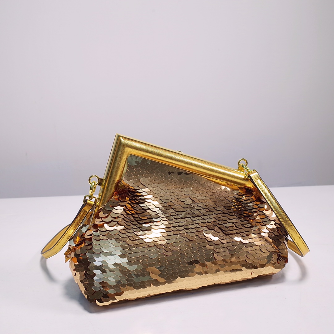 Fendi Gold-Coloured Leather And Sequinned Bag   (26-18-9.5cm)   8BP129  - FashionPlug