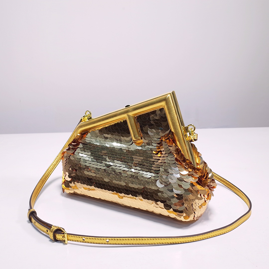 Fendi Gold-Coloured Leather And Sequinned Bag   (26-18-9.5cm)   8BP129  - FashionPlug
