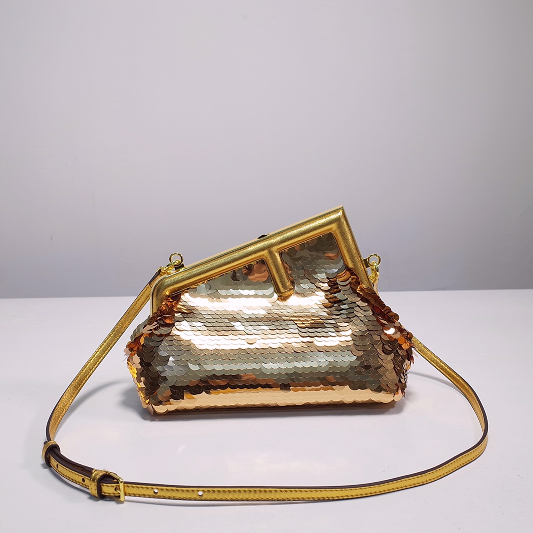 Fendi Gold-Coloured Leather And Sequinned Bag   (26-18-9.5cm)   8BP129  - FashionPlug